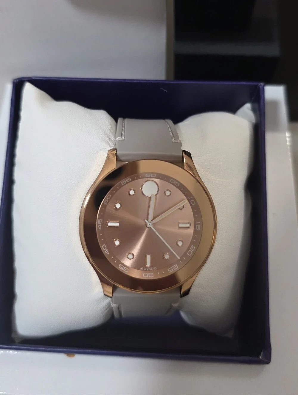 Movado Bold Rose Gold Dial Watch with Light Gray Strap